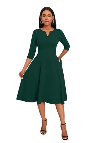 Image of Nmoder Midi Dresses for Women A-Line Fit and Flare Dress 3 /4 Sleeve V Neck Cocktail Wedding Guest Work Dress with Pockets