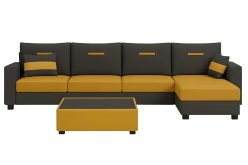 Image of CASASTYLE Dreamon 8 Seater Fabric RHS L Shape Sofa Set with 1 Centre Table & 2 Puffy (Yellow-Dark Grey) | Velvet Finish | Comfortable Sectional Sofa for Living Room