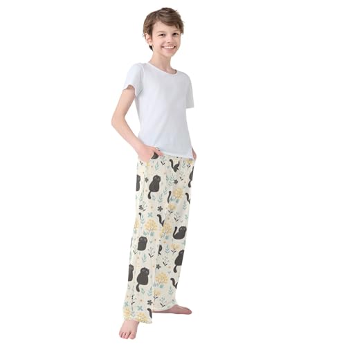 Boys' Pants Cute Black Cats and Flowers Long Bottoms Jogger Pants Elastic Waist Trousers with Pockets S-XL4