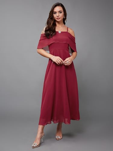 Image of Miss Chase Women's Pink Off Shoulder Midi Skater Dress