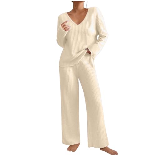 Ensemble de détente premium côtelé avec haut col V et pantalon fluide