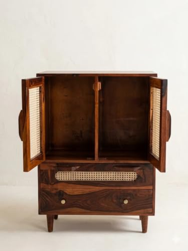 Image of Space Galaxy Sheesham Wood Chest of Drawer with Cane Rattan Doors | 2 Door 2 Drawer Wooden Sideboard & Cupboard Organizer | Tall Storage Furniture for Bedroom, Living Room & Home | Honey Oak Finish