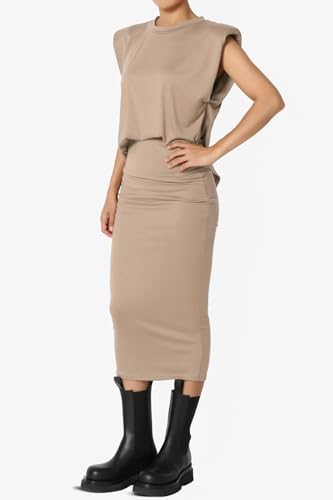 TheMogan Women's Sleeveless Bodycon Midi Skirt and Top Set – Shoulder Pad Tank Shirt & Pencil Skirt Co-Ord Set Mocha M3