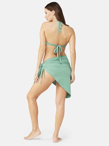 Image of ZeroKaata Stretchable Ribbed Bikini Set with Sarong Skirt for Women | 3 Piece Swimsuit & Beach Wear Set | Vacation, Resort Wear, Pool Party & Holiday Swimwear