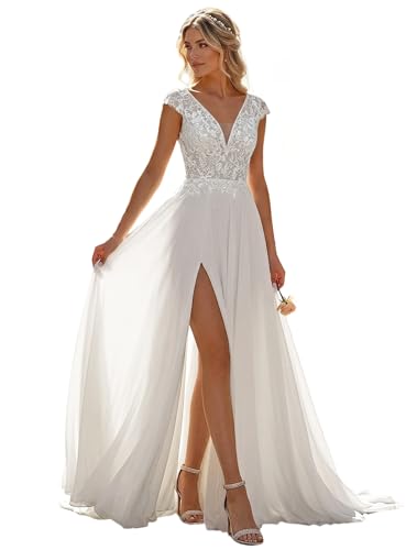 Women A Line Civil Bridal Dress with Train Long Lace Beach Wedding Dresses for Bride Wedding Gowns with Slit Size 6 I-White