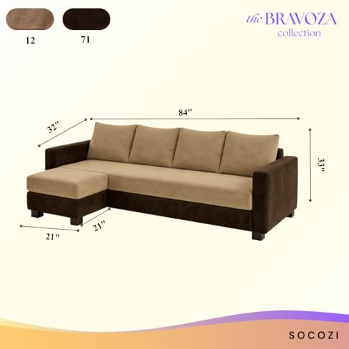 Image of SOCOZI Braven 5 Seater L Shape Sofa Set with Movable Ottoman | Flexible Layout | Soft Velvet Suede Fabric | Modern Design | Plush Comfort Cushions for Living Room (Camel Brown-Dark Brown)
