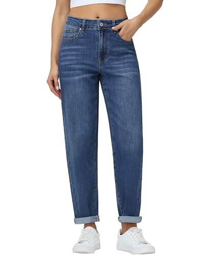 Foucome Boyfriend Jeans for Women High Waisted Stretchy Baggy Denim Pants (Dark Blue, L)