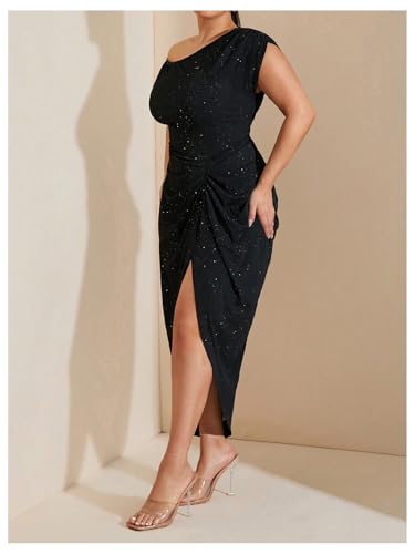 Image of Floerns Women's Plus Size Asymmetrical Neck Long Dress Ruched Slit Hem Cocktail Dress