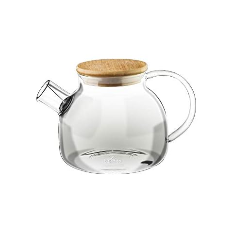 Wilmax Thermo Glass Tea Pot With Bamboo Lid And Removable stainless steel Spring Infuser (32 Fl Oz)|Open Stove Safe Cover