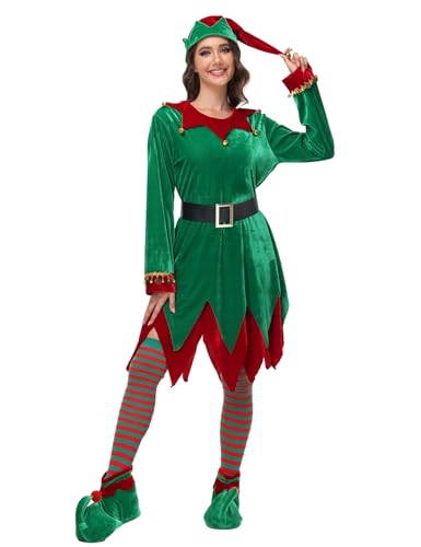 Boveco 5 PCS Elf Costume for Women Christmas Outfit Adult Santa Helper Dress for Xmas Holiday...