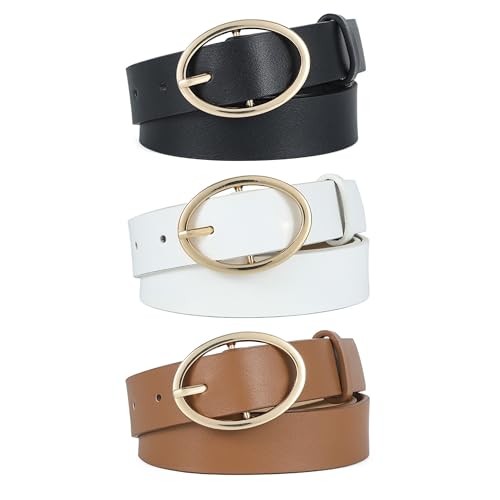 B-LT2 3 Pack Women's Leather Waist Belt with Gold Buckle for Jeans Dress Fashion Ladies Belt Black White Brown