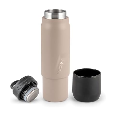 EcoVessel Stainless Steel Flask with Removable Shot Cup, Vacuum Insulated Bottle for Hot and Cold Drinks, Thermos with Folding Handle for Travel and Camping, 8oz (Stone) Cover