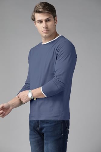 Image of THE DRY STATE Turquoise Blue Cotton Round Neck Full Sleeve Casual T-Shirt for Men