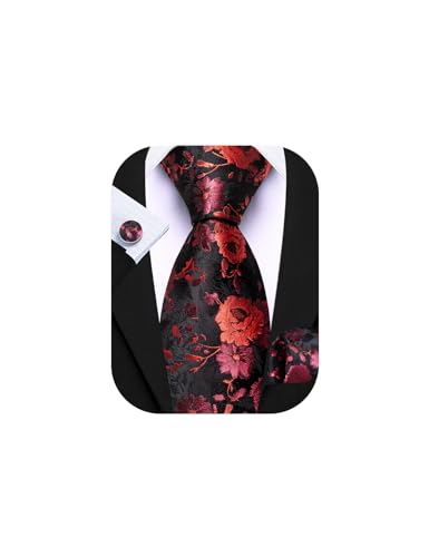 Image of Barry.Wang Flower Ties for Men Handkerchief Cufflinks Set Wedding Necktie Set Party