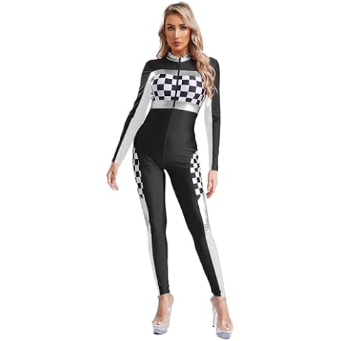 Oyolan Women's Speed Race Car Driver Costume Adult Halloween Racer Outfits Checkerboard Racing Costume Black 3X-Large Cover