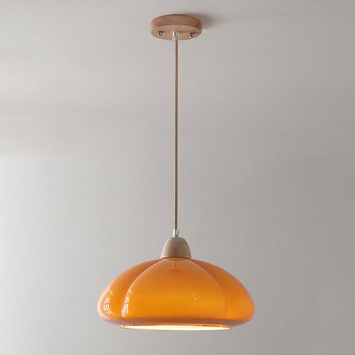 Lustre réglable en hauteur verre orange et bois noble - 2