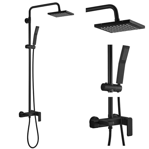 gotonovo Juego de grifería para ducha expuesta 3-en-1, cuerpo cuadrado, sistema de ducha expuesto con pico para bañera, cabezal de ducha de 8” con ducha de mano, manija única 3 funciones, altura ajustable, para uso interior y exterior miniatura 1