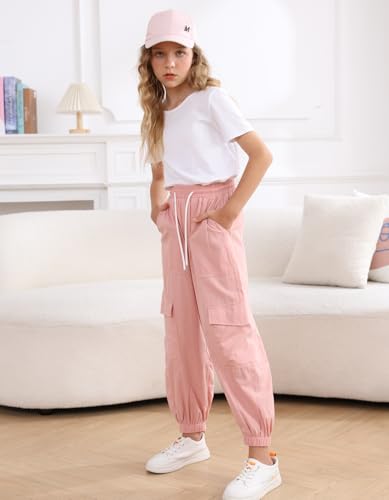 Image of Girls Cargo Pants Elastic Waist Casual Jogger Pants for Girls Streetwear Loose Parachute with Pockets 7-14Years