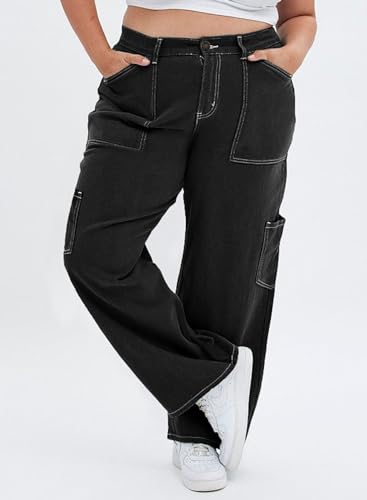 Eytino Womens Plus Size Cargo Pants High Waisted Stretch Wide Leg Baggy Pants Casual Trousers with Pockets(1X-5X)3