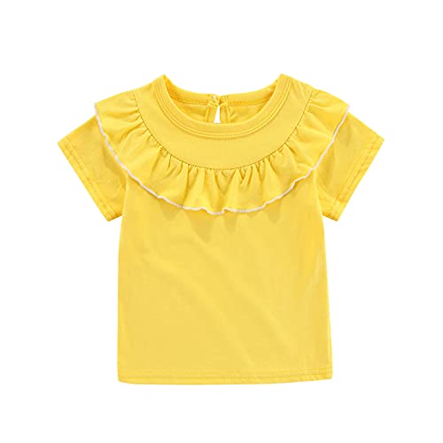 Kids Girls Summer Short Sleeve Tops Solid Color Falbala Ruffles Leisure T-Shirt Pullover Blouse Clothes(Yellow,5-6 Years)