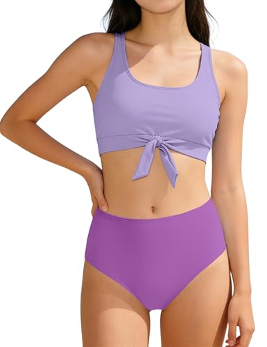oklady Girls Swimsuit 2 Piece Bikini Double Strap High Waist Sporty Bathing Suits for Teens 13-14 Y Purple
