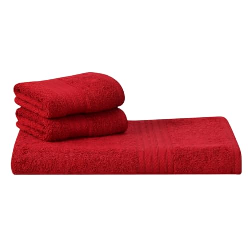 Image of Mafatlal Joy Cotton Bath & Hand Towel Set - Pack of 3 | 1 Bath Towel (58 x 29 inch) + 2 Hand Towels | Soft, Quick Dry | 450 GSM | Flery Red | Highly Absorbent for Daily Use