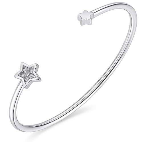 Dada Gioielli - Bracelet femme rigide trèfle étoile coeur avec zircons brillants idée cadeau pour elle, Unica, Acier inoxydable (Étoile Argent)