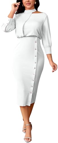 Image of shengfan Women's Casual Long Sleeve Work Bodycon Midi Dresses Round Neck Formal Wedding Cocktail Party Wrap Pencil Dress