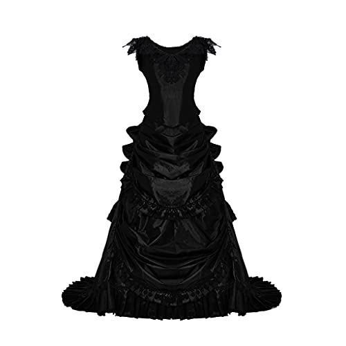 Fortunehouse Women's Gothic Victorian Bustle Wedding Gown Renaissance Vintage Long Dress Steampunk Ball Gowns Evening Dress Costume, Black, Medium