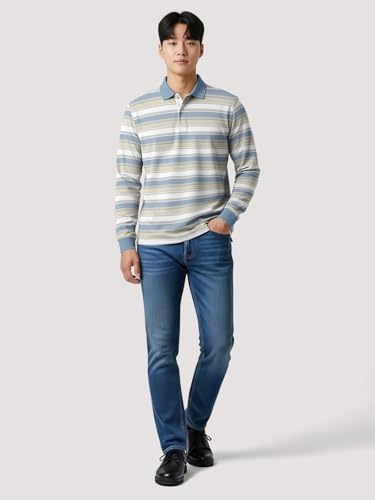 Image of BULLMER White Striped Printed Polo Neck Fullsleeve Tshirt with Rib for Men.