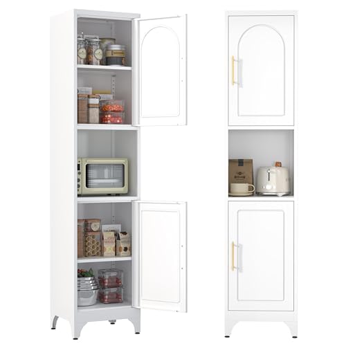 Narrow Kitchen Pantry Cabinet with Acrylic Glass Door, 75”Tall Metal Slim Storage Cabinet with Shelves, Skinny Food Cupboard with Open Shelf for Dining, Living Room, White, Assembly Required