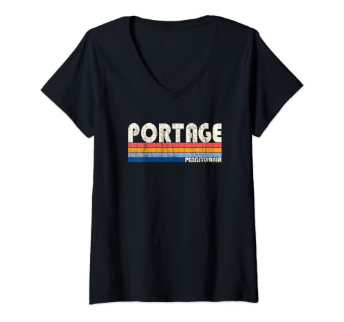Womens Vintage Retro 70s 80s Style Hometown of Portage, PA V-Neck T-Shirt