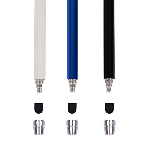 3pcs Stylus Pen 5.5" with Replaceable Thin-Tip - Universal Capacitive High Precision Styli Tips, Elastic Lanyards + Cleaning Cloth, by The Friendly Swede (Black/Blue/White)