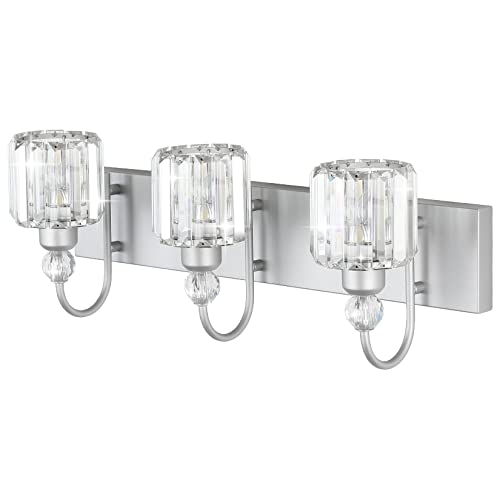 Image of Ralbay Crystal Vanity Light - 3 Light, 24'' Modern Silver Bathroom Vanity Light Fixtures Over Mirror Wall Lights