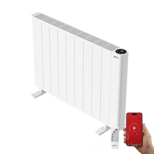 YOEVU | Radiador eléctrico bajo consumo | 2000W | 3 modos | Tecnología TRIAC, Compatible con Alexa, control WiFi y app, pantalla digital, temporizador, montaje suelo o pared, blanco