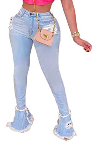 SeNight Light Blue Bell Bottom Jeans for Women Ripped Distressed Flare Jean Bell Bottom Pants
