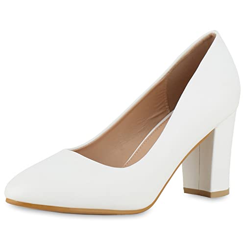 VAN HILL Damen Klassische Pumps Blockabsatz Schuhe Leder-Optik Absatzschuhe...