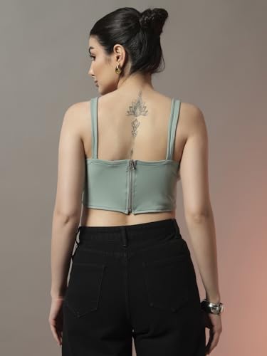 Image of Trend Arrest.ed Women's Stretchable Corset Style Crop Top | Square Neck Sleeveless Zipper Back Body-Hugging Fit | Casual