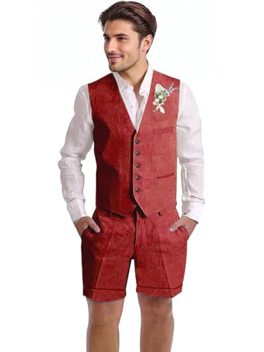 Mens Suit for Wedding Vest and Pants Slim Fit 2 Piece Linen Casual Summer Suit for Homecoming Summer Wedding
