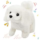 Hopearl Laufender Hund Bichon Interaktiv Elektronisches Haustier Plüsch Spielzeug Welpe Wuff und Bewegend Animiert Nickender Kopf Geschenke für Kleinkinder Geburtstag, Weiß, 18 cm