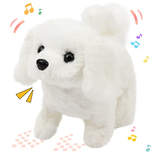 Hopearl Laufender Hund Bichon Interaktiv Elektronisches Haustier Plüsch Spielzeug Welpe Wuff und Bewegend Animiert Nickender Kopf Geschenke für Kleinkinder Geburtstag, Weiß, 18 cm