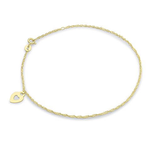 Chevillère or jaune 9 ct Carissima avec maille gourmette torsadée et motif cœur élégant 23 cm