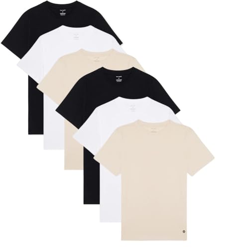 WP West Path Men's 100% Organic Cotton T-Shirt - Fair Trade Certified Shirts for Men - Men's Plain Color Cotton Tees (6 Pack, Medium, 2 Beige/2 Black/2 White)