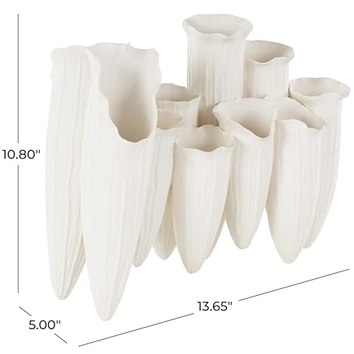Image of Deco 79 Ceramic Abstract Floral Inspired Vase with Linear Grooves and 10 Openings, 14 inch x 5 inch x 11 inch, White
