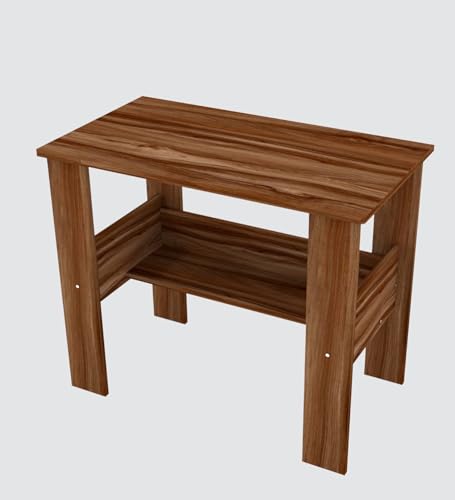 Image of Modern Compact Study Desk with Storage Shelf, Walnut Brown Wood Finish, Space-Saving Home Office Table, 90x50x74 cm