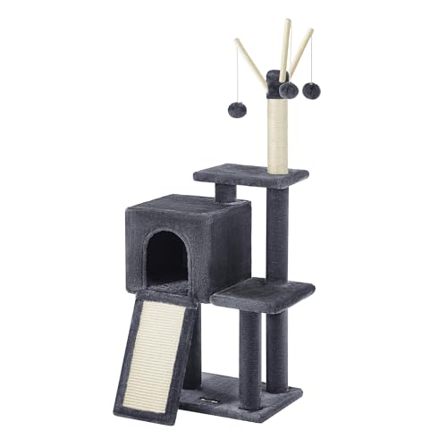 Feandrea Tiragraffi per Gatti, Albero per Gatti, Grotta per Gattini Micini, Diversi Livelli di Peluche, 42 x 32 x 118 cm, Graffitoio, 3 Bastoncini Pompom Rimovibili, Grigio Fumo PCT143G01V1