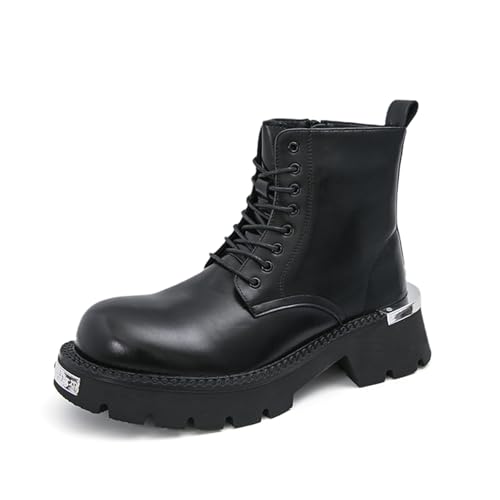 Men's Genuine Leather Platform Lace Up Dress Combat Boots with Side Zipper Casual Wide Round Toe Chunky Lug Sole Comfort Non Slip High Top Ankle Boots for Daily Streetwear Walking Formal Work Office (Black,11)