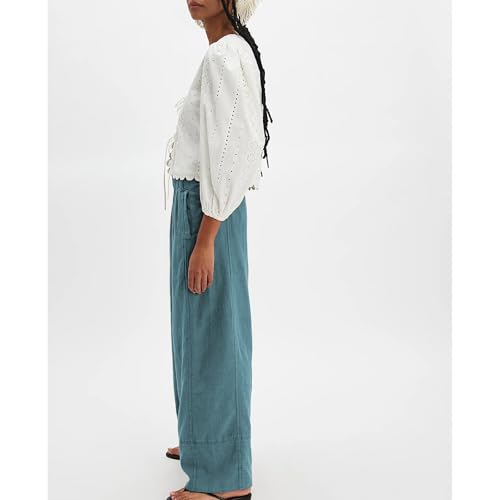 Linen Pants for Women Cotton Baggy Boho Casual Palazzo Pants Wide Leg Long Lounge Trousers with Pockets(Blue, M)4