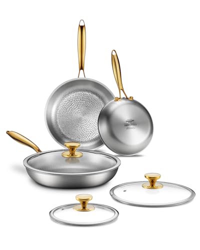 Titanium Pans | 8+10+12 Inch Pure Titanium Skillet Set with Lids for Cooking | Hammered Chef-Grade Tagine Design | PFAS/PFOA/PTFE-Free | Induction & Oven-Safe Dishwasher Safe