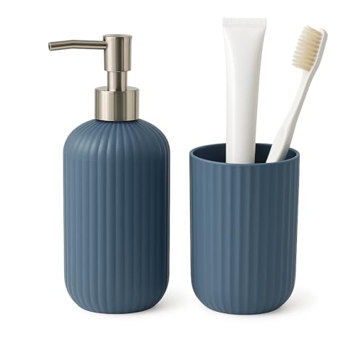 Image of LAGET Bathroom Accessories Set for Utility and Toothbrush Holder Bathroom Decor | Handwash Liquid Soap Dispenser Pump for Bathroom, Kitchen, Wash Basin, Sink Ribbed Design (Metallic Blue)